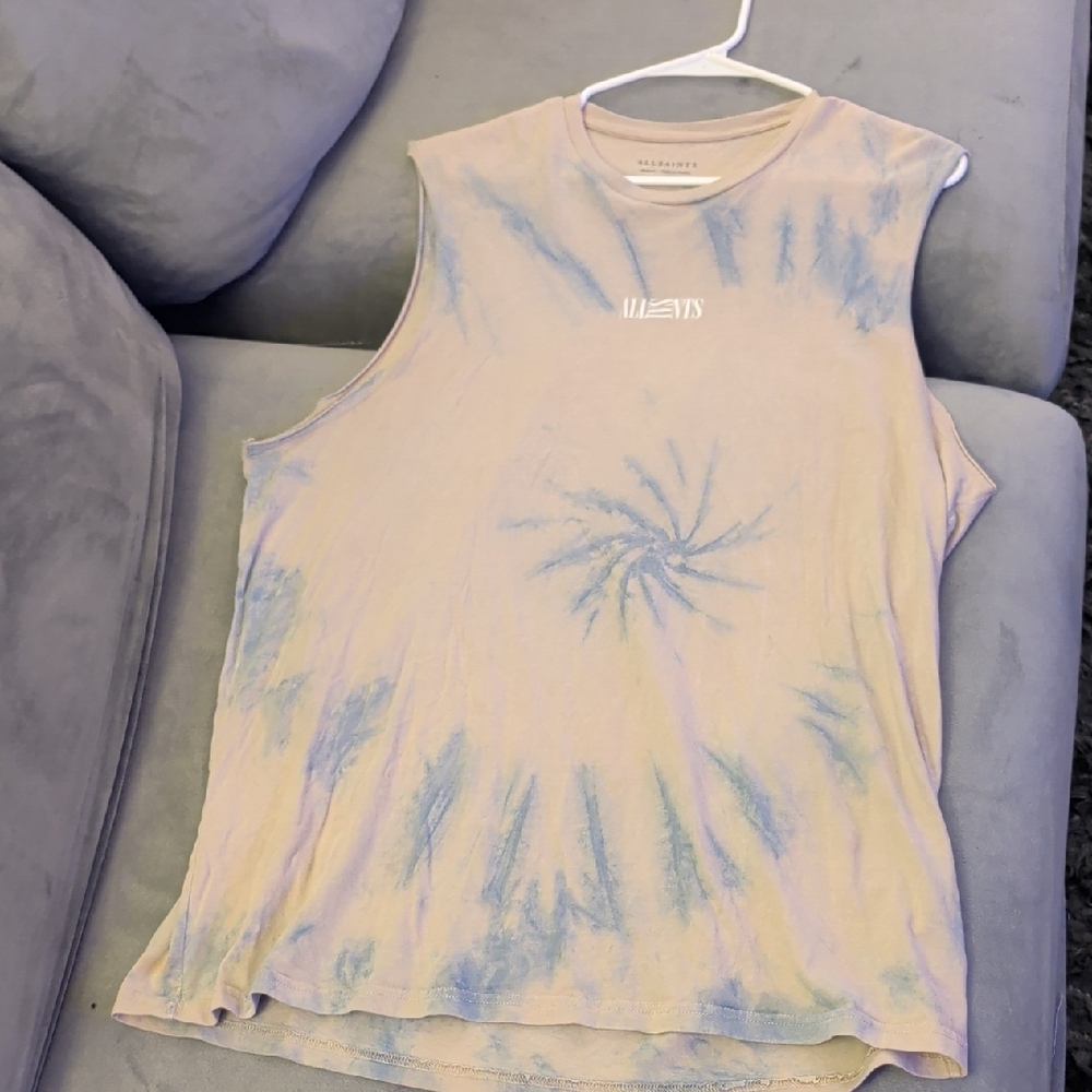 All Saints Cream and Blue Tie-Dye Tank Top